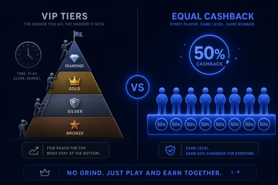 Confronto tra una classica piramide VIP a livelli e il modello piatto di Duel, dove ogni giocatore riceve lo stesso cashback dal primo deposito