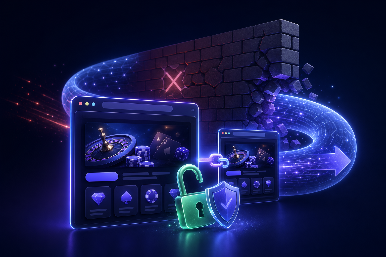 Доступ к Duel Casino через рабочее зеркало в обход блокировки: браузер и зеркальный домен, открытый замок, щит и защищённый туннель вокруг стены